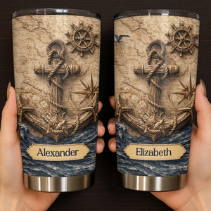 Personalized Nautical Anchor Tumbler, Custom Name Sailor Gift, Vintage Compass Ocean Cup