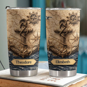 Personalized Nautical Anchor Tumbler, Custom Name Sailor Gift, Vintage Compass Ocean Cup