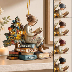 Just a Girl Who Loves Books - Personalized Wooden Ornament - Custom Reader Christmas Tree Decor Gift