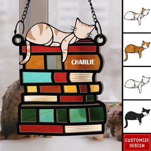 Sleeping Cat On The Books - Personalized Window Hanging Suncatcher Ornament