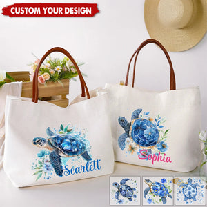 Personalised Blue Floral Sea Turtle Canvas Tote Bag with Name and PU Leather Handle