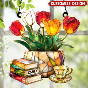 Nostalgic Tulips, Books, And Tea - Personalized Window Hanging Suncatcher