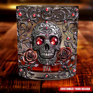 Beautiful Skull And Roses - Personalized Skull Whiskey Glass