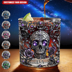 Beautiful Skull And Roses - Personalized Skull Whiskey Glass