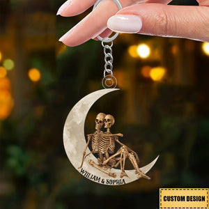 Personalized Skeleton Couple On The Moon Acrylic Keychain-Gift For Valentine's Day