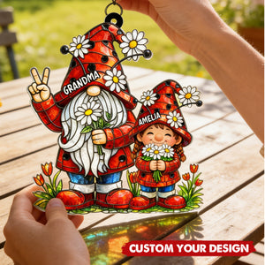 Grandma Grandkids Daisy Flowers - Personalized Window Hanging Suncatcher Ornament - Gift For Grandma