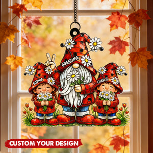 Grandma Grandkids Daisy Flowers - Personalized Window Hanging Suncatcher Ornament - Gift For Grandma