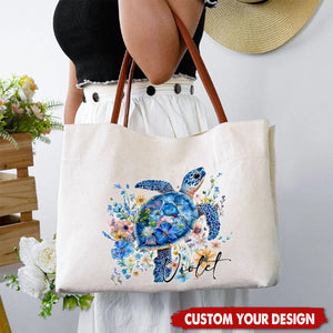 Personalised Blue Floral Sea Turtle Canvas Tote Bag with Name and PU Leather Handle