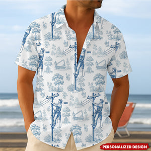 Vintage Toile Blue Pattern Hawaiian Shirt - Personalized Gifts For Lineman
