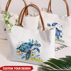 Personalised Blue Floral Sea Turtle Canvas Tote Bag with Name and PU Leather Handle