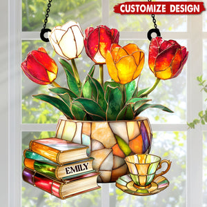 Nostalgic Tulips, Books, And Tea - Personalized Window Hanging Suncatcher