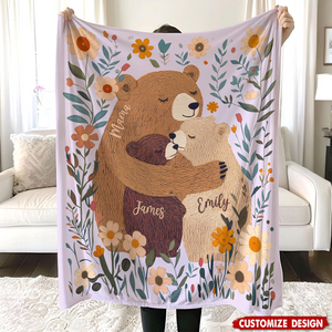 Personalized Mama Bear Flower Blanket - Gift for Mom Grandma