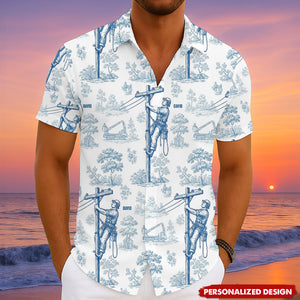 Vintage Toile Blue Pattern Hawaiian Shirt - Personalized Gifts For Lineman