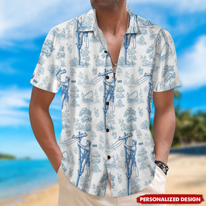 Vintage Toile Blue Pattern Hawaiian Shirt - Personalized Gifts For Lineman