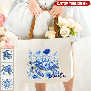 Personalised Blue Floral Sea Turtle Canvas Tote Bag with Name and PU Leather Handle