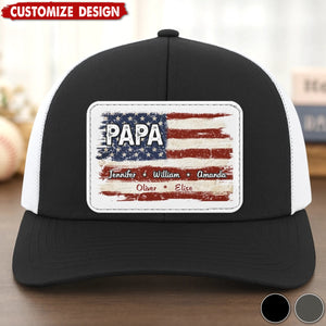 Family First Always - Personalized Leather Patch Mesh Cap - Gift For Dad, Grandpa