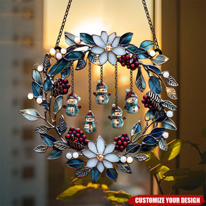 Personalized Snowman Family Acrylic Suncatcher Wreath - Christmas Faux Stained Glass Winter Window Hanging