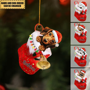 Dog with Christmas Hat - Personalized Acrylic Christmas Ornament with Ring Bell