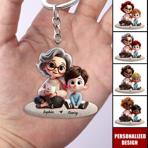 Happy Grandma & Grandkid Sitting-Personalized Keychain-Gift For Mom, For Grandma