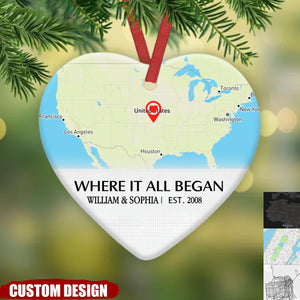 Where it all began - Couple Location Map Personalized Circle Ceramic Ornament - 2024 New Release