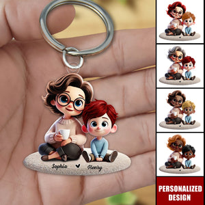 Happy Grandma & Grandkid Sitting-Personalized Keychain-Gift For Mom, For Grandma