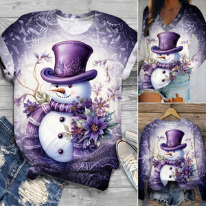 Purple Snowman Crew Neck T-shirt,V-Neck Long Sleeve Top,Long Sleeve Top