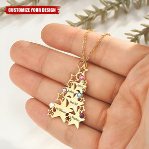 Personalized Dainty Star Christmas Tree Necklace with 1-5 Birthstones and Engraved Names Family Jewelry Christmas Birthday Gift for Women