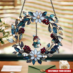 Personalized Snowman Family Acrylic Suncatcher Wreath - Christmas Faux Stained Glass Winter Window Hanging