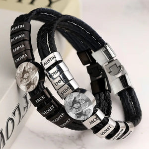 Leather Photo Men Bracelet with Name Beads - Personalized Gifts for Dad Grandpa