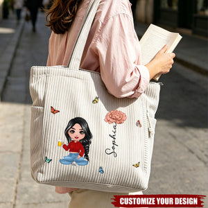 Personalized Cartoon Character Birth Flower Large Capacity Corduroy Tote Bag