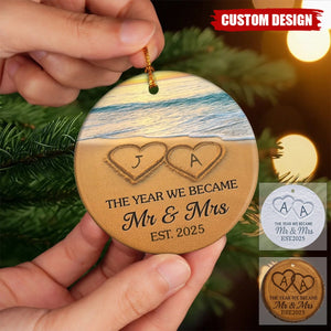 Custom Ceramic Ornament - Personalized Anniversary Christmas Wedding Gifts For Husband And Wife, Him And Her - Our Happily Ever After, Set In Sand
