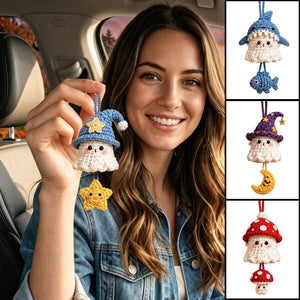 Halloween 2026 Crochet Ghost Car Charm, Handmade Mirror Accessory, Cute Spooky Car Ornament