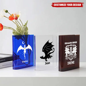 Personalised Cool Flying Dragon Pattern Clear Bookend Vase with Name, Gift for Mom Grandma Book Lovers