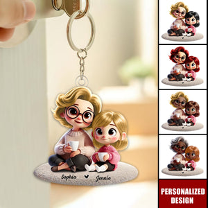 Happy Grandma & Grandkid Sitting-Personalized Keychain-Gift For Mom, For Grandma
