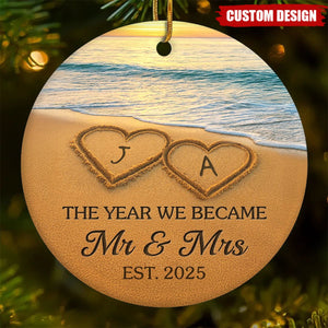 Custom Ceramic Ornament - Personalized Anniversary Christmas Wedding Gifts For Husband And Wife, Him And Her - Our Happily Ever After, Set In Sand