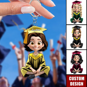 Cute Cartoon Sitting Graduates-Personalized Keychain, Graduation Gift