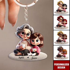 Happy Grandma & Grandkid Sitting-Personalized Keychain-Gift For Mom, For Grandma