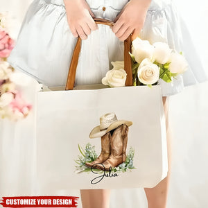 Personalized Birth Flower Western Cowgirl Boots Design Canvas Tote Bag