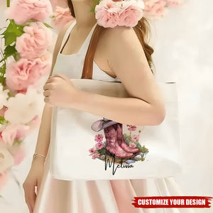 Personalized Birth Flower Western Cowgirl Boots Design Canvas Tote Bag