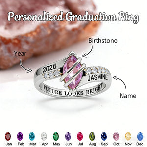 Personalized Engraved Birthstone High School Class Ring, Bypass Opening CZ Stone Ring for Graduates