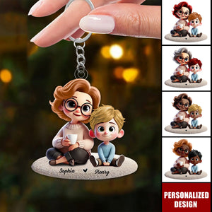 Happy Grandma & Grandkid Sitting-Personalized Keychain-Gift For Mom, For Grandma