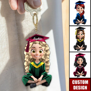 Cute Cartoon Sitting Graduates-Personalized Keychain, Graduation Gift