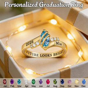 Personalized Engraved Birthstone High School Class Ring, Bypass Opening CZ Stone Ring for Graduates