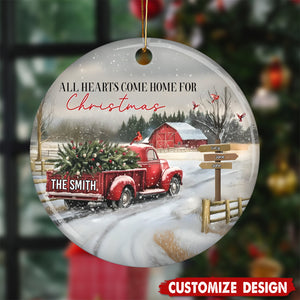 Personalized Red Truck And Snow Christmas Ornament - Gift For Family