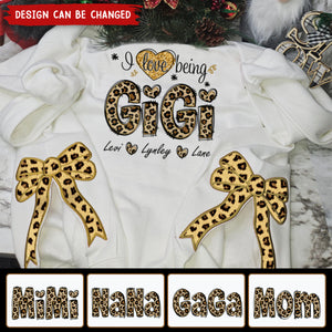 I Love Being Mimi Leopard Christmas Bow Embellished Sweatshirt - Custom Side Bow Cut-Out Sweatshirt