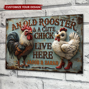 An Old Rooster & A Cute Chick Live Here - Personalized Farmer Rectangle Metal Sign