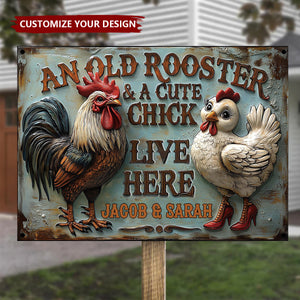 An Old Rooster & A Cute Chick Live Here - Personalized Farmer Rectangle Metal Sign