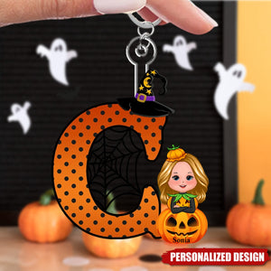 Personalized Cartoon Character Pumpkin Keychain with Initial & Name Halloween Party Favors Gift for Kids