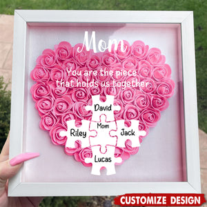 Personalized Mom Puzzle With Kids Names Heart Flower Shadow Box-Mother's Day Gift
