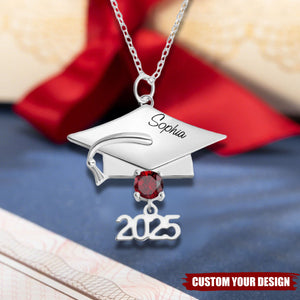 Personalized Dainty Graduation Cap Birthstone Necklace with Engraved Name and Year Graduation Birthday Gift for Graduates